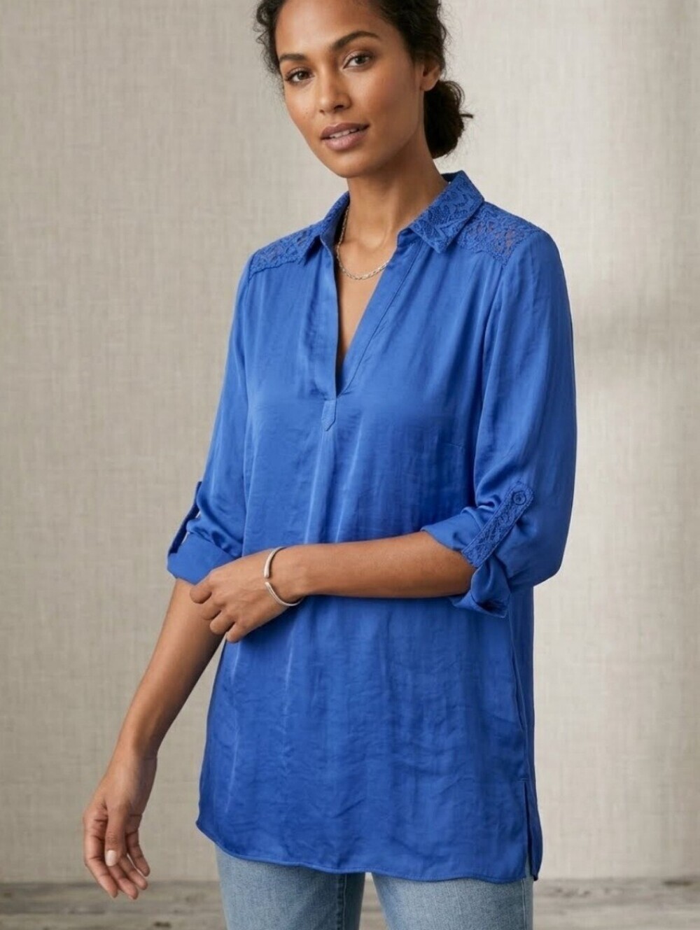 Chico's 3 Size XL Shirt Top Amparo Blue V Neck Long Sleeve Tunic Lightweight